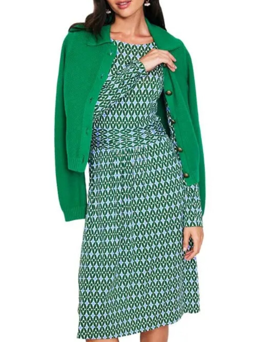 Boden Amelie Long Sleeve Jersey Dress 10R Green Pine Diamond Trellis Pockets - Picture 1 of 6